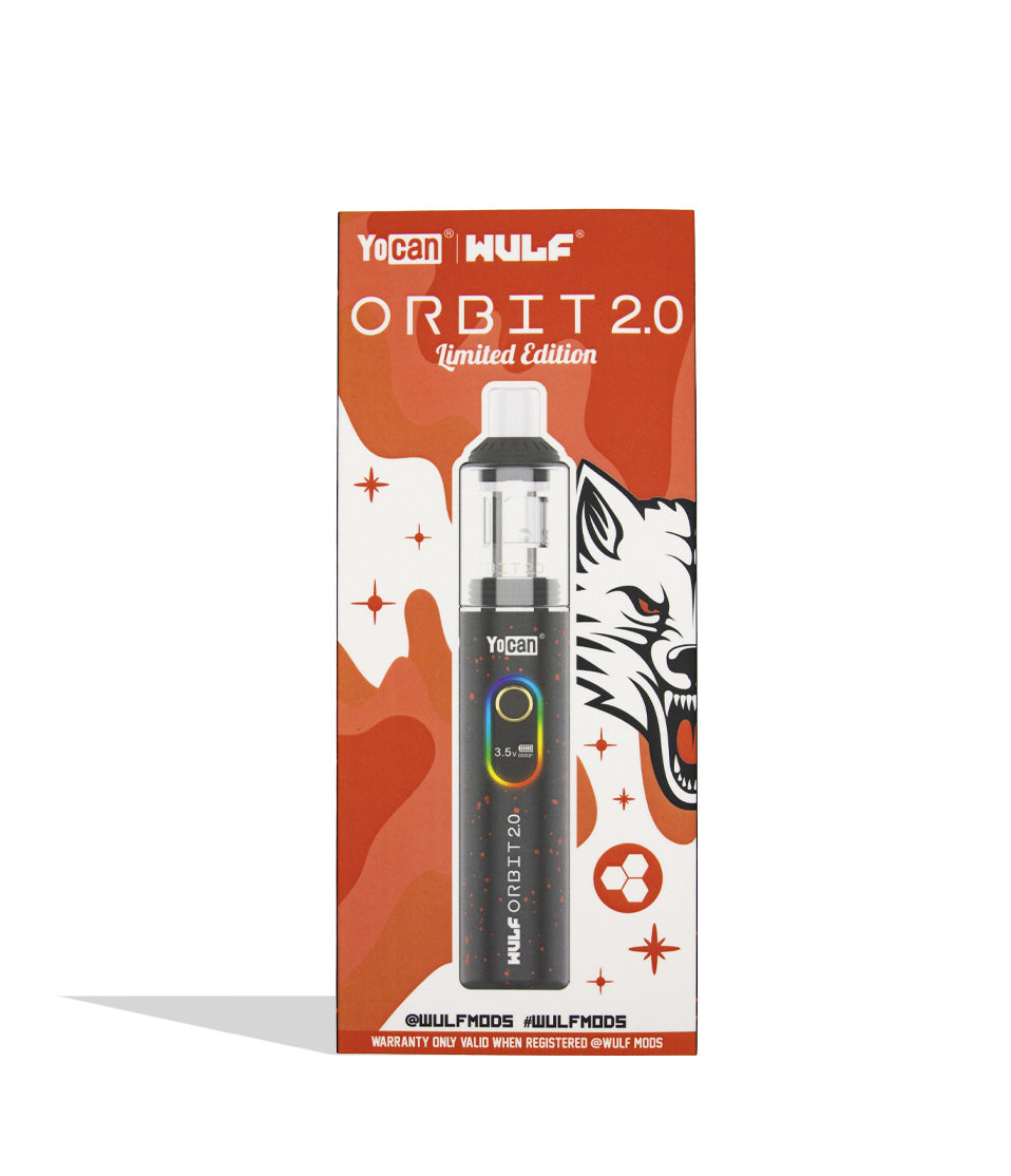 box front Wulf Mods Orbit 2.0 in black red spatter color on white background