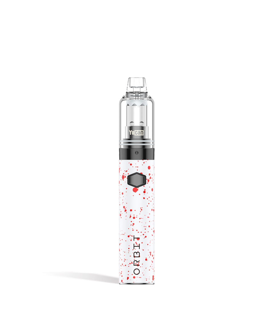 White Red Spatter front view Wulf Mods Orbit Concentrate Vaporizer on white studio background