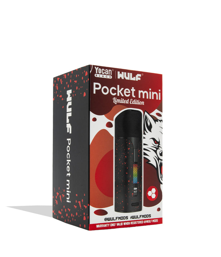 WULF Pocket mini Limited Edition disposable vape packaging box by Yocan Vapes, featuring a black and red design with a graphic of the vape device and a wolf head illustration.