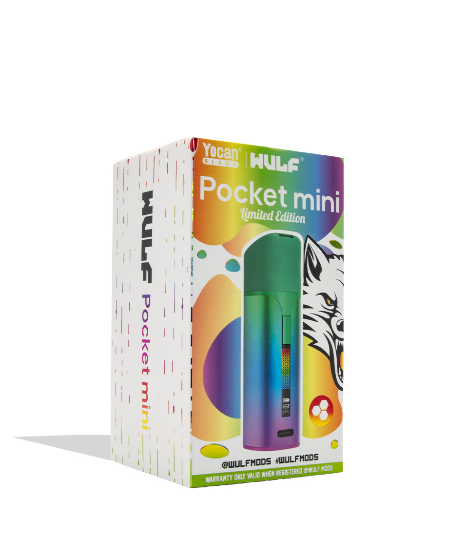 Yocan WULF Pocket Mini Limited Edition packaging box, featuring a colorful gradient vape device illustration on a white box with multicolored accents.