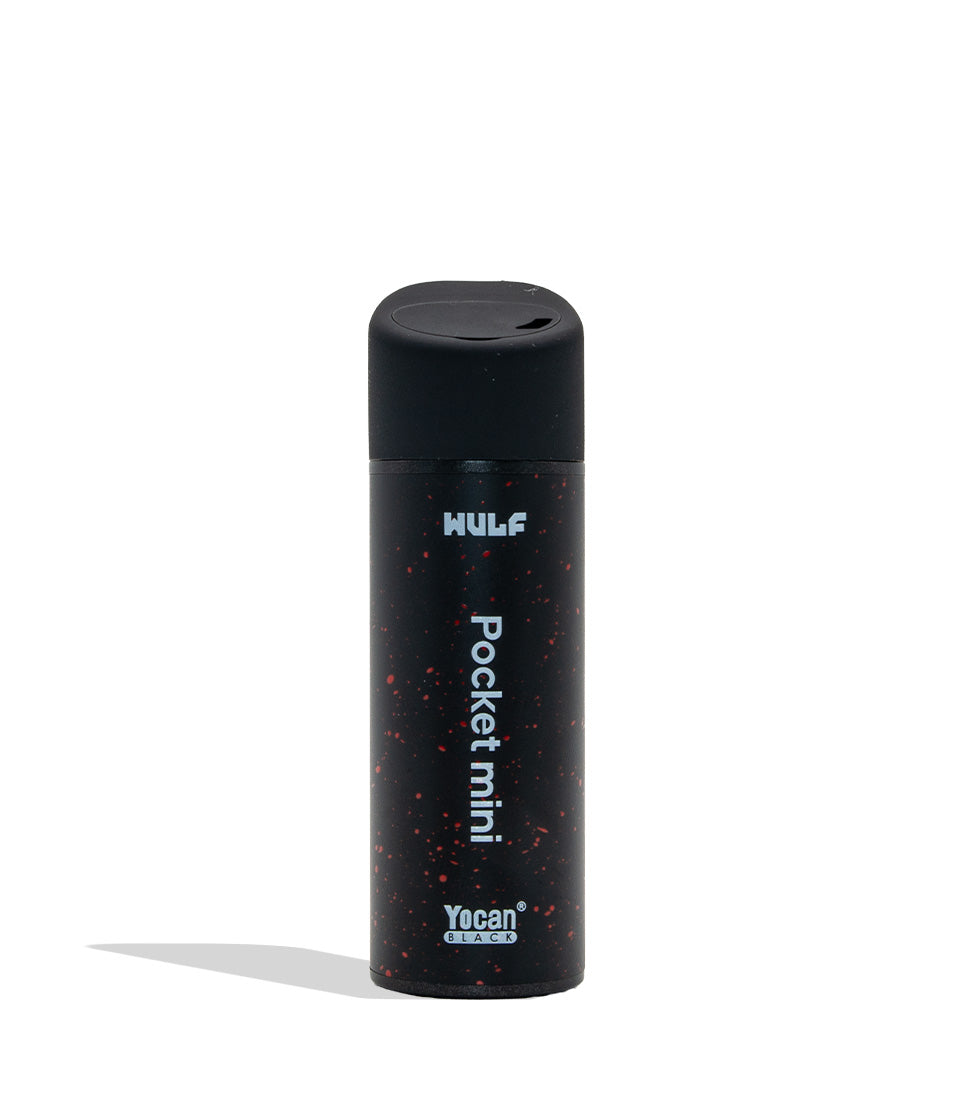 WULF MODS Pocket Mini concentrate vaporizer in black with red spatter pattern details, featuring a vertical rainbow LED indicator light on the side, shown against a plain white background. Back logos view