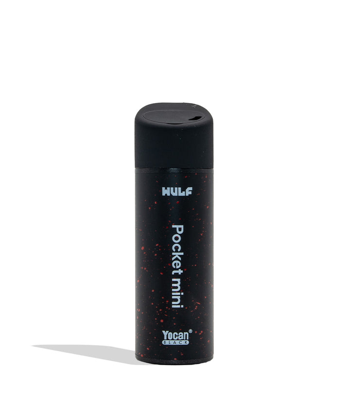 WULF MODS Pocket Mini concentrate vaporizer in black with red spatter pattern details, featuring a vertical rainbow LED indicator light on the side, shown against a plain white background. Back logos view