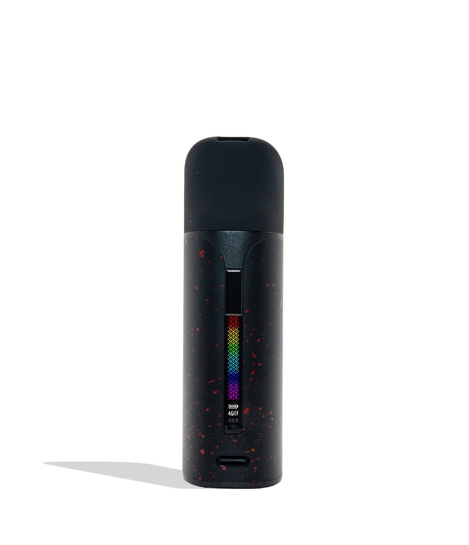 WULF MODS Pocket Mini concentrate vaporizer in black with red spatter pattern details, featuring a vertical rainbow LED indicator light on the side, shown against a plain white background. Front view