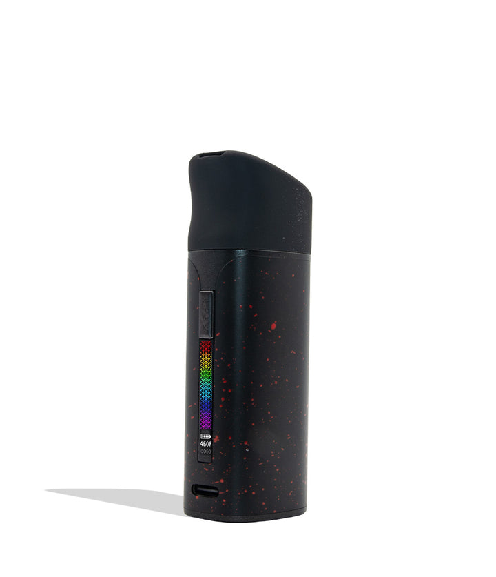 WULF MODS Pocket Mini concentrate vaporizer in black with red spatter pattern details, featuring a vertical rainbow LED indicator light on the side, shown against a plain white background.