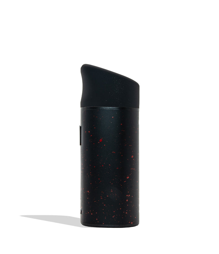 WULF MODS Pocket Mini concentrate vaporizer in black with red spatter pattern details, featuring a vertical rainbow LED indicator light on the side, shown against a plain white background. Side view