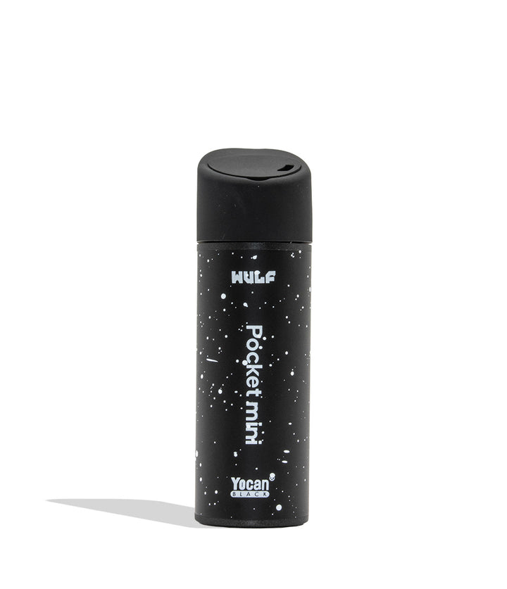 WULF MODS Pocket Mini concentrate vaporizer in black white spatter, featuring a vertical rainbow LED indicator light on the side, shown against a plain white background. Back logo view
