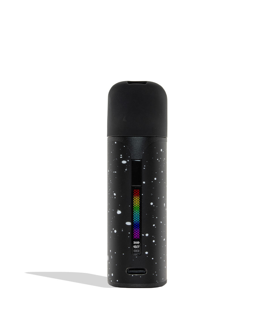 WULF MODS Pocket Mini concentrate vaporizer in black white spatter, featuring a vertical rainbow LED indicator light on the side, shown against a plain white background. Front view