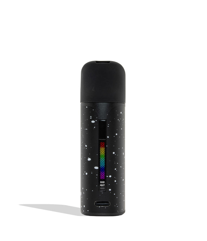WULF MODS Pocket Mini concentrate vaporizer in black white spatter, featuring a vertical rainbow LED indicator light on the side, shown against a plain white background. Front view