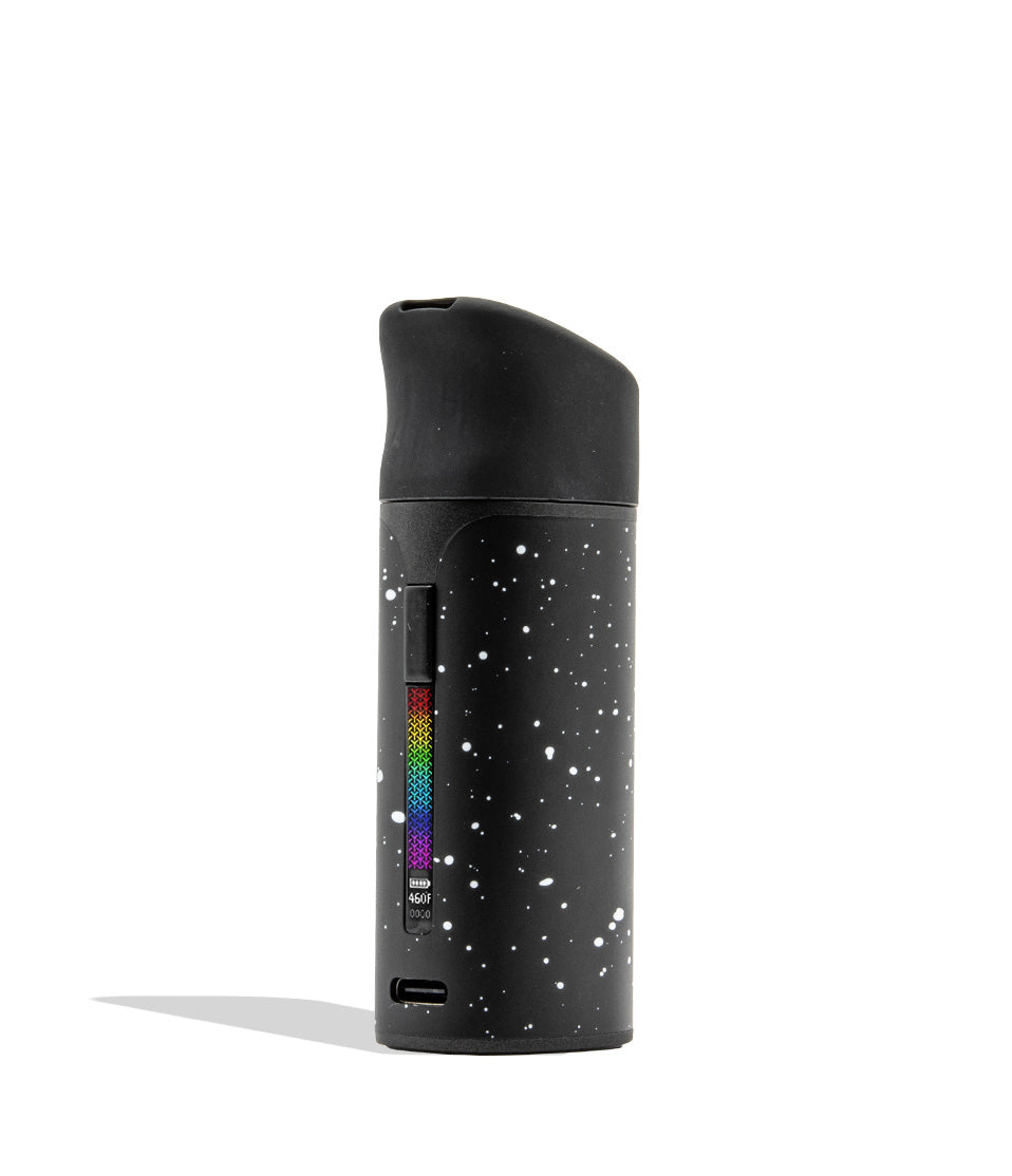 WULF MODS Pocket Mini concentrate vaporizer in black white spatter, featuring a vertical rainbow LED indicator light on the side, shown against a plain white background.