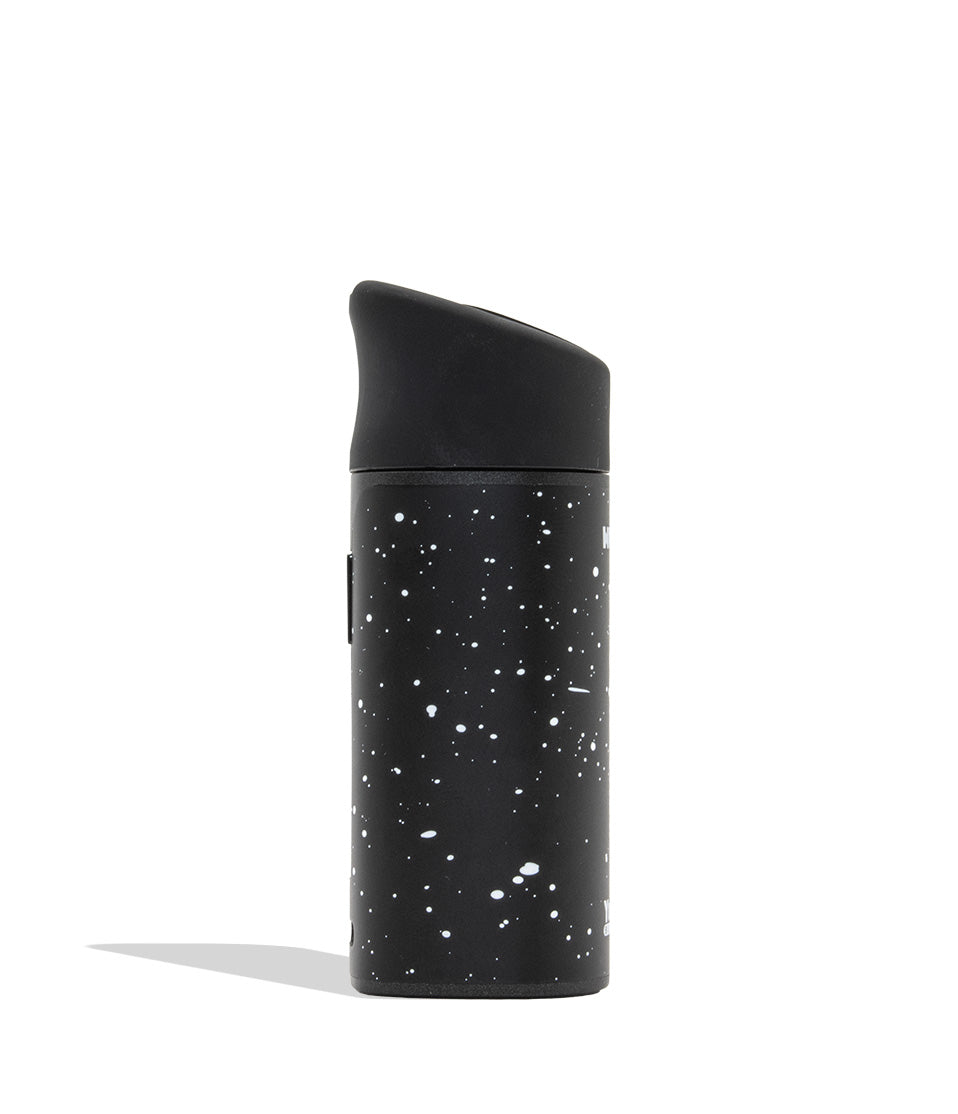 WULF MODS Pocket Mini concentrate vaporizer in black white spatter, featuring a vertical rainbow LED indicator light on the side, shown against a plain white background. Side View
