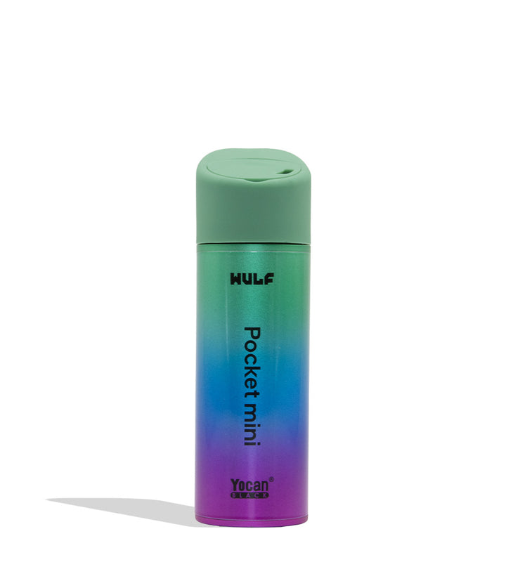 WULF MODS Pocket Mini portable concentrate vaporizer in full color gradient details, featuring a vertical rainbow LED indicator light on the side, shown against a plain white background. Back view