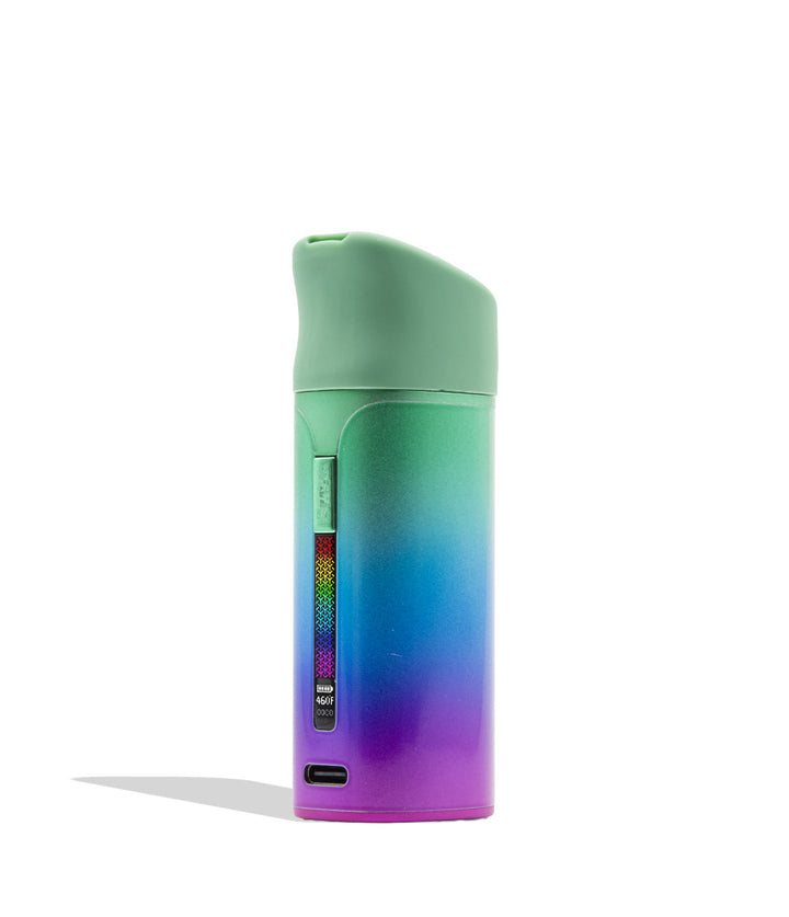 WULF MODS Pocket Mini portable concentrate vaporizer in full color gradient details, featuring a vertical rainbow LED indicator light on the side, shown against a plain white background.