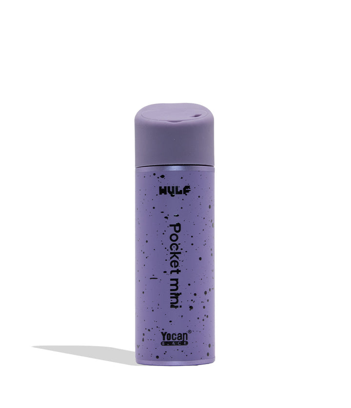 WULF MODS Pocket Mini portable concentrate vaporizer in purple with black spatter pattern details, featuring a vertical rainbow LED indicator light on the side, shown against a plain white background. Back view