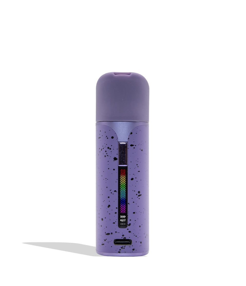 WULF MODS Pocket Mini portable concentrate vaporizer in purple with black spatter pattern details, featuring a vertical rainbow LED indicator light on the side, shown against a plain white background. Front view
