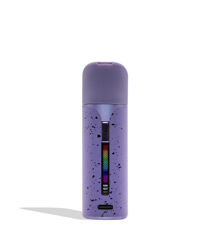 WULF MODS Pocket Mini portable concentrate vaporizer in purple with black spatter pattern details, featuring a vertical rainbow LED indicator light on the side, shown against a plain white background. Front view
