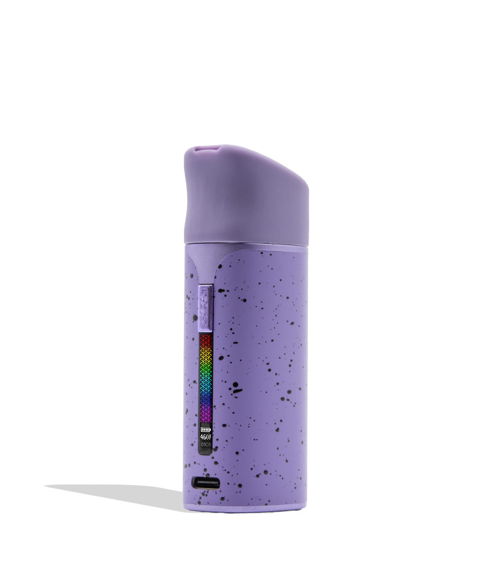 WULF MODS Pocket Mini portable concentrate vaporizer in purple with black spatter pattern details, featuring a vertical rainbow LED indicator light on the side, shown against a plain white background.