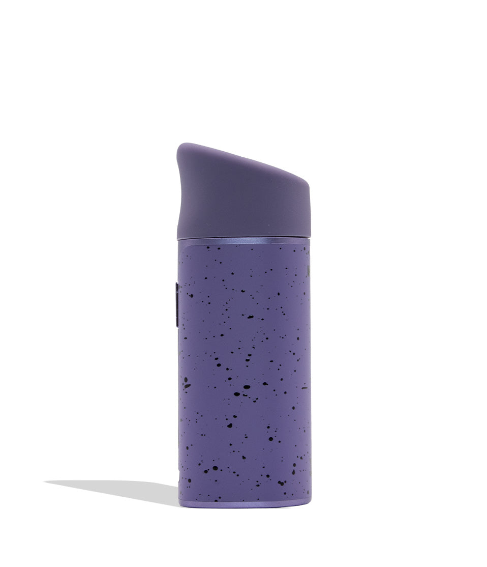 WULF MODS Pocket Mini portable concentrate vaporizer in purple with black spatter pattern details, featuring a vertical rainbow LED indicator light on the side, shown against a plain white background. Side view