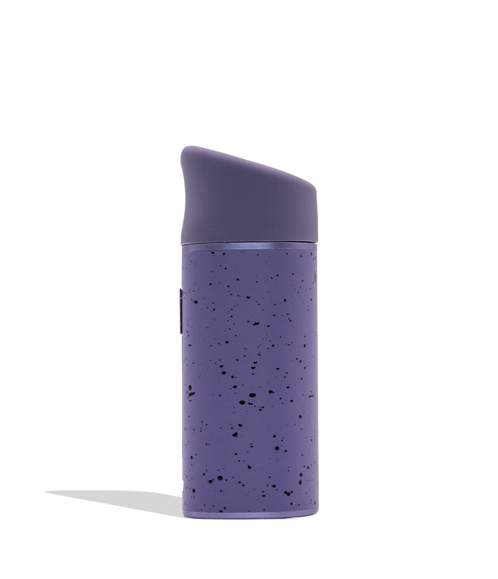 WULF MODS Pocket Mini portable concentrate vaporizer in purple with black spatter pattern details, featuring a vertical rainbow LED indicator light on the side, shown against a plain white background. Side view