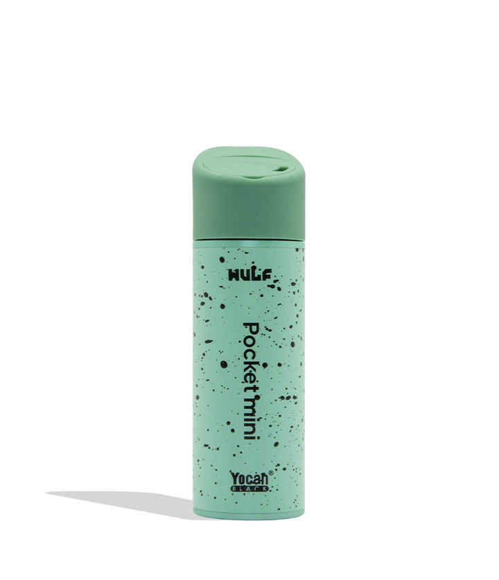 WULF MODS Pocket Mini portable concentrate vaporizer in teal/mint with black spatter pattern details, featuring a vertical rainbow LED indicator light on the side, shown against a plain white background. Back view