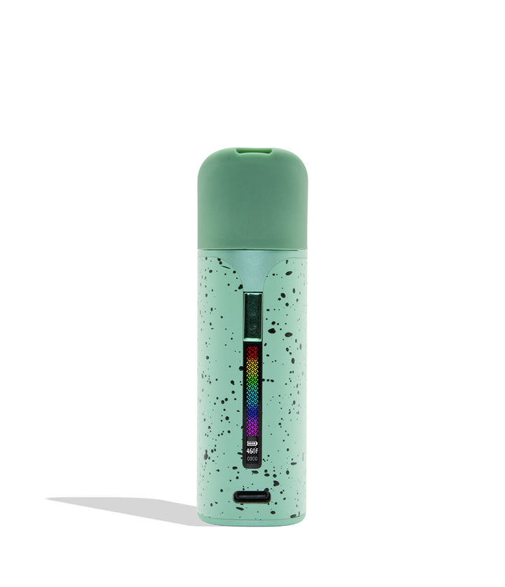 WULF MODS Pocket Mini portable concentrate vaporizer in teal/mint with black spatter pattern details, featuring a vertical rainbow LED indicator light on the side, shown against a plain white background. Front view