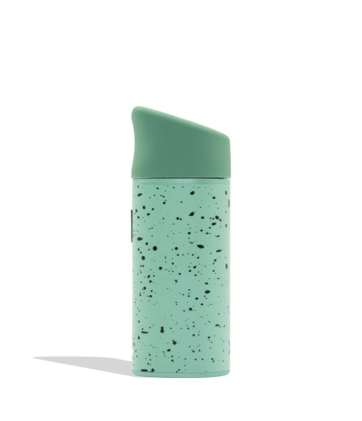 WULF MODS Pocket Mini portable concentrate vaporizer in teal/mint with black spatter pattern details, featuring a vertical rainbow LED indicator light on the side, shown against a plain white background. Side view