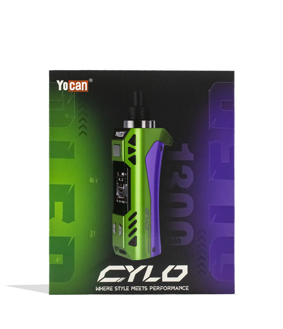 Purple Green Yocan Cylo Wax Vaporizer Packaging front View on White Background