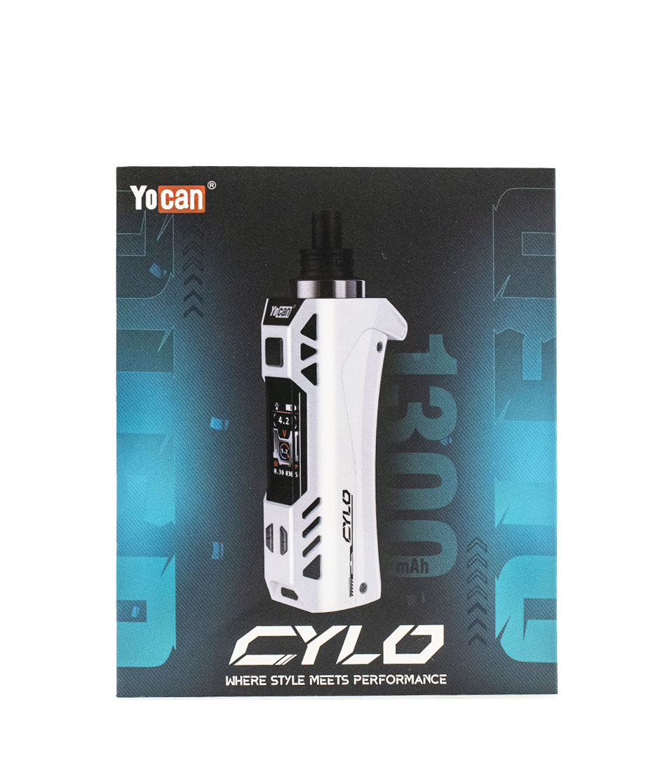 White Yocan Cylo Wax Vaporizer Packaging Front View on White Background