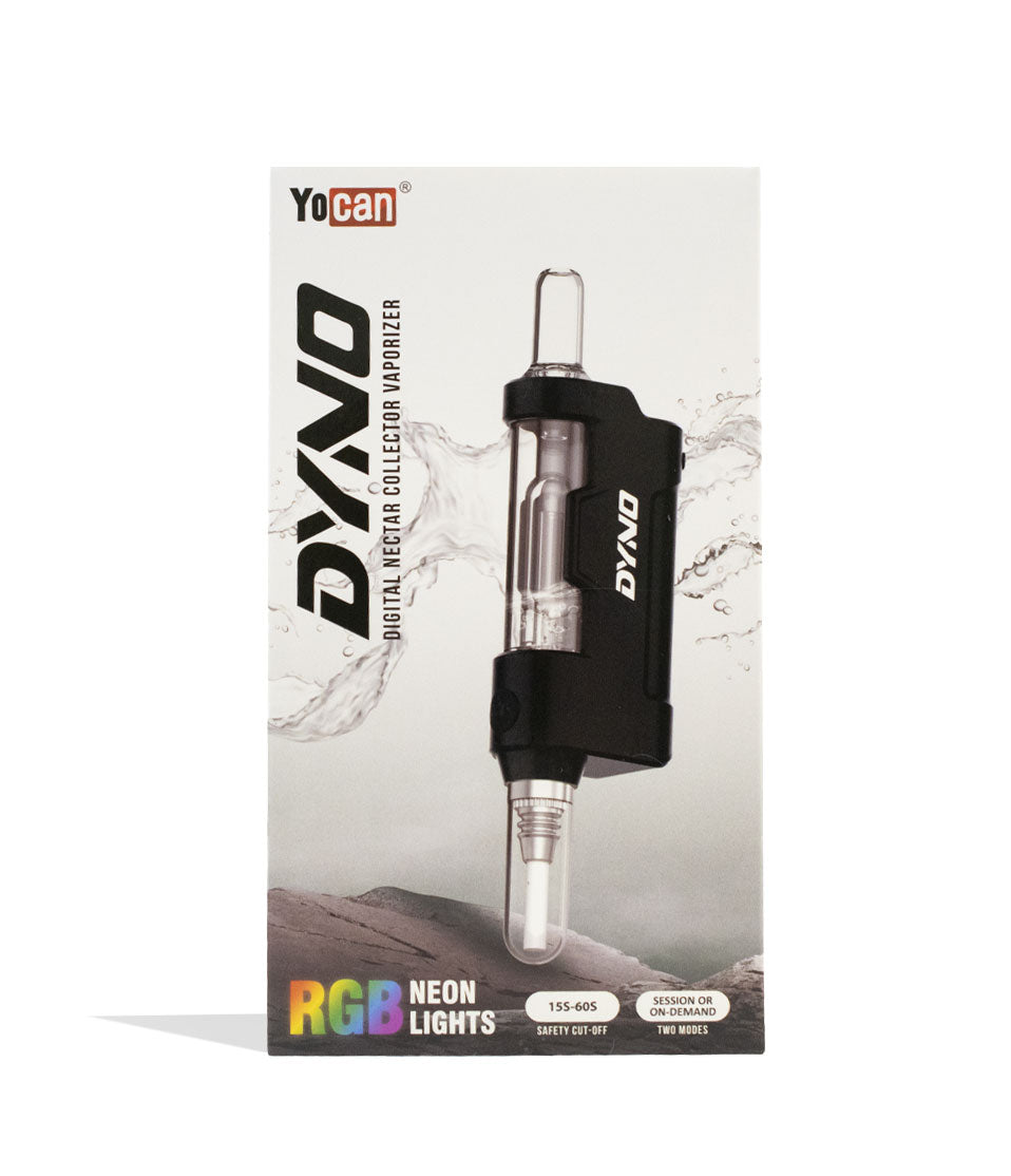 Black Yocan Dyno Digital Nectar Collector with Glass Bubbler Packaging Front View on White Background
