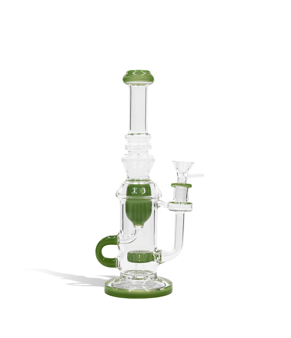 Jake Green front view 10 inch water pipe with color matching base, perc, difuser, and mouthpiece on white studio background