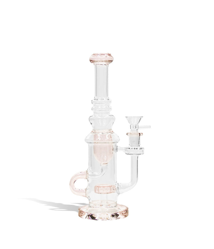 Pink front view 10 inch water pipe with color matching base, perc, difuser, and mouthpiece on white studio background