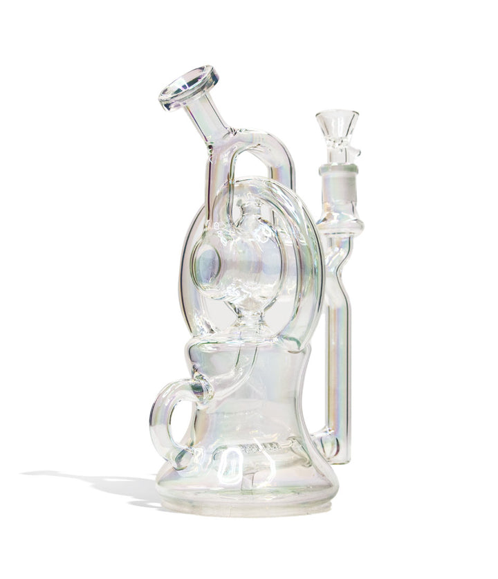 Plated White 10 Inch Glass Recycler Water Pipe With Plated Finish Side View on White Background