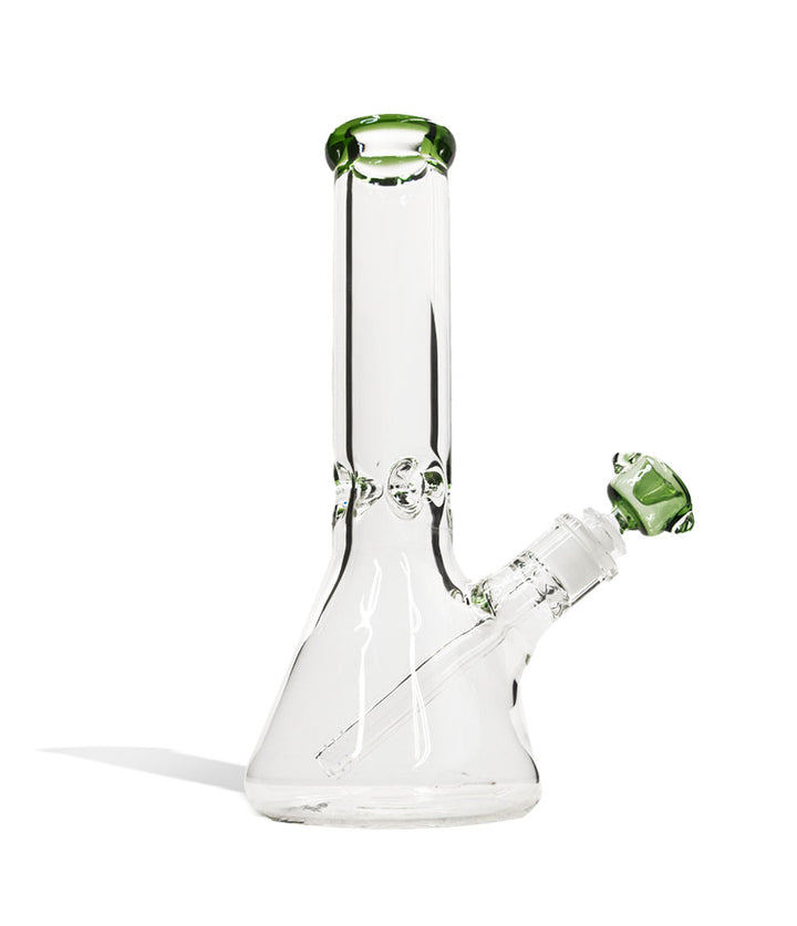 Green 12 inch Beaker Water Pipe with Ice Pinch and Colored Bowl on white background