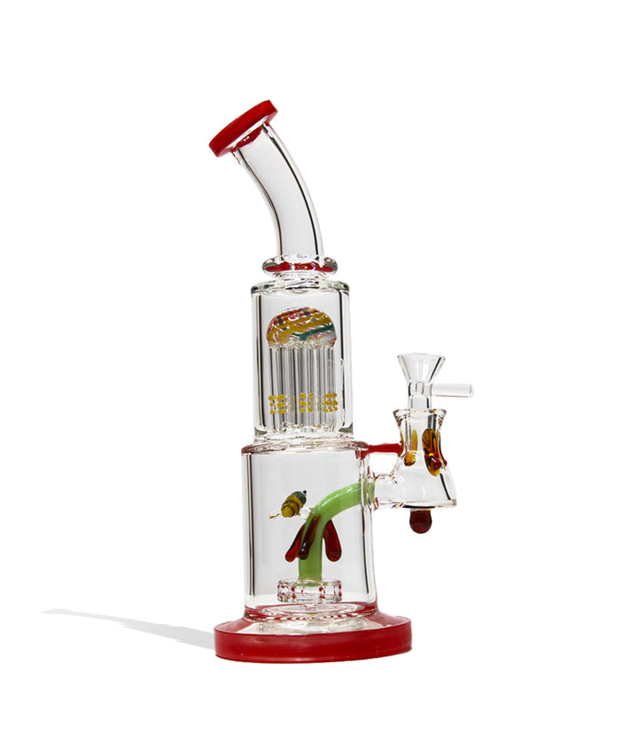 Red 13 Inch Dual Perc Water Pipe Bee Downstem Front View on White Background