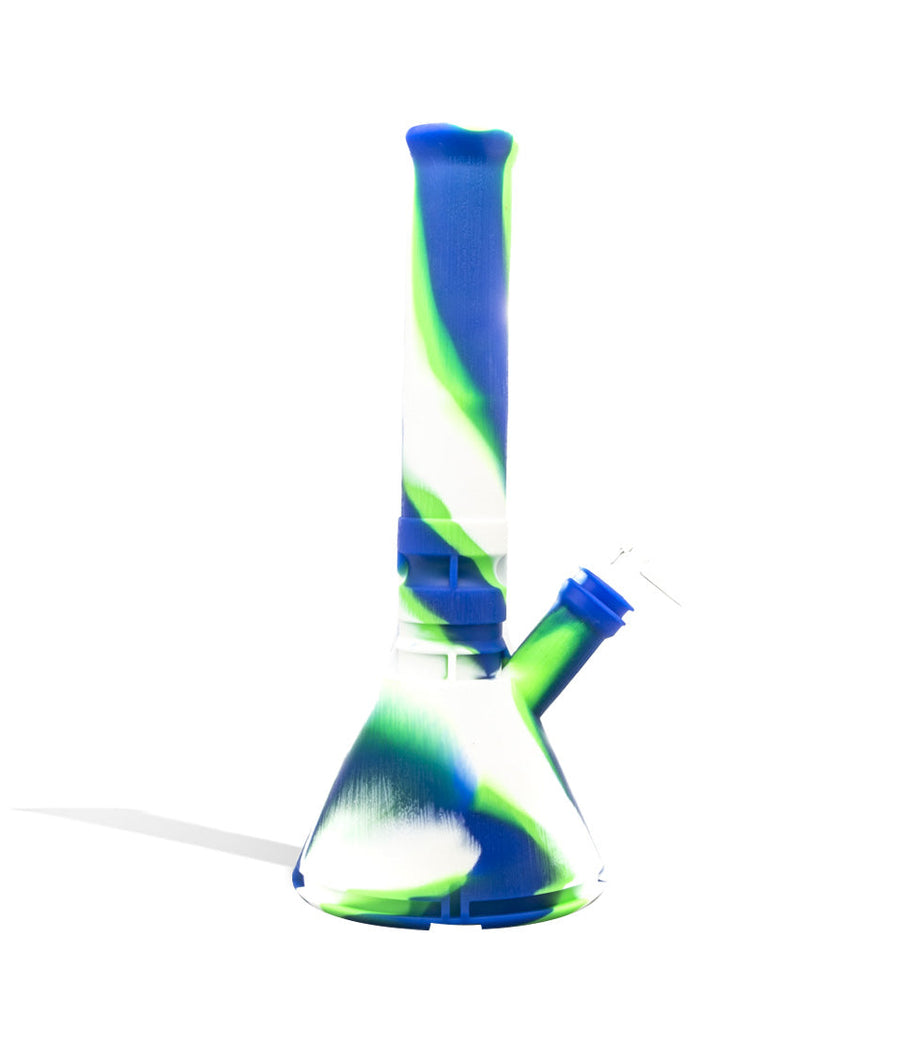 Blue/White/Green 13 inch Silicone Beaker Waterpipe with Stash Container on white background