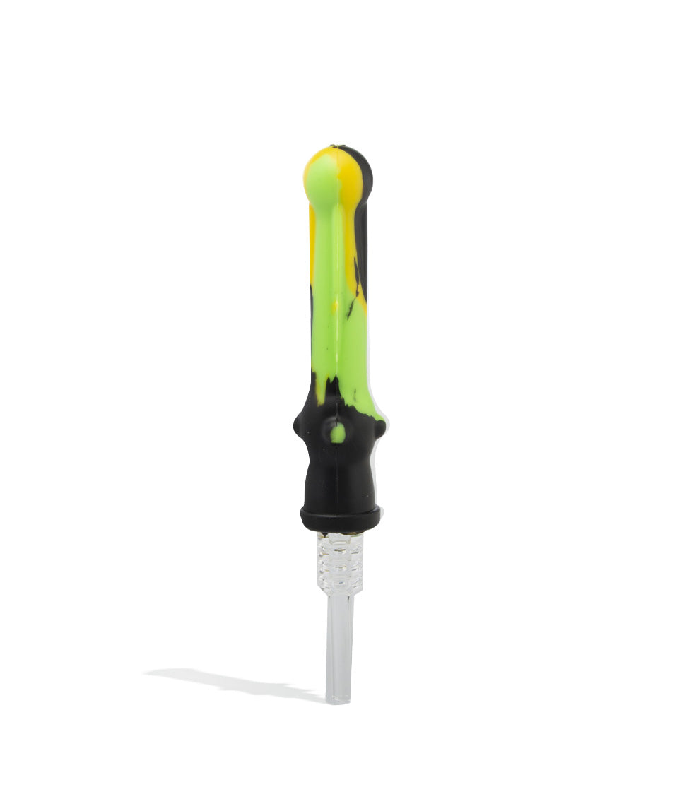 Black/Green/Yellow 14mm Silicone Nectar Straw with Quartz Tip on white background