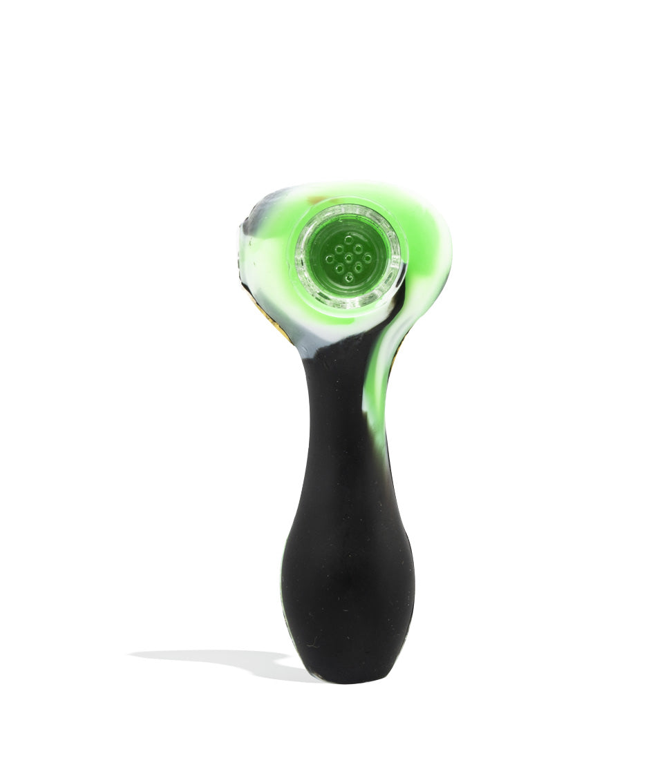 Black/Green/White 5 inch Silicone Hand Pipe with Glass Bowl on white background