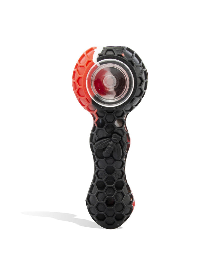 Black/Red 5 inch Silicone Hand Pipe with Glass Bowl and Built in Dabber Tool on white studio background