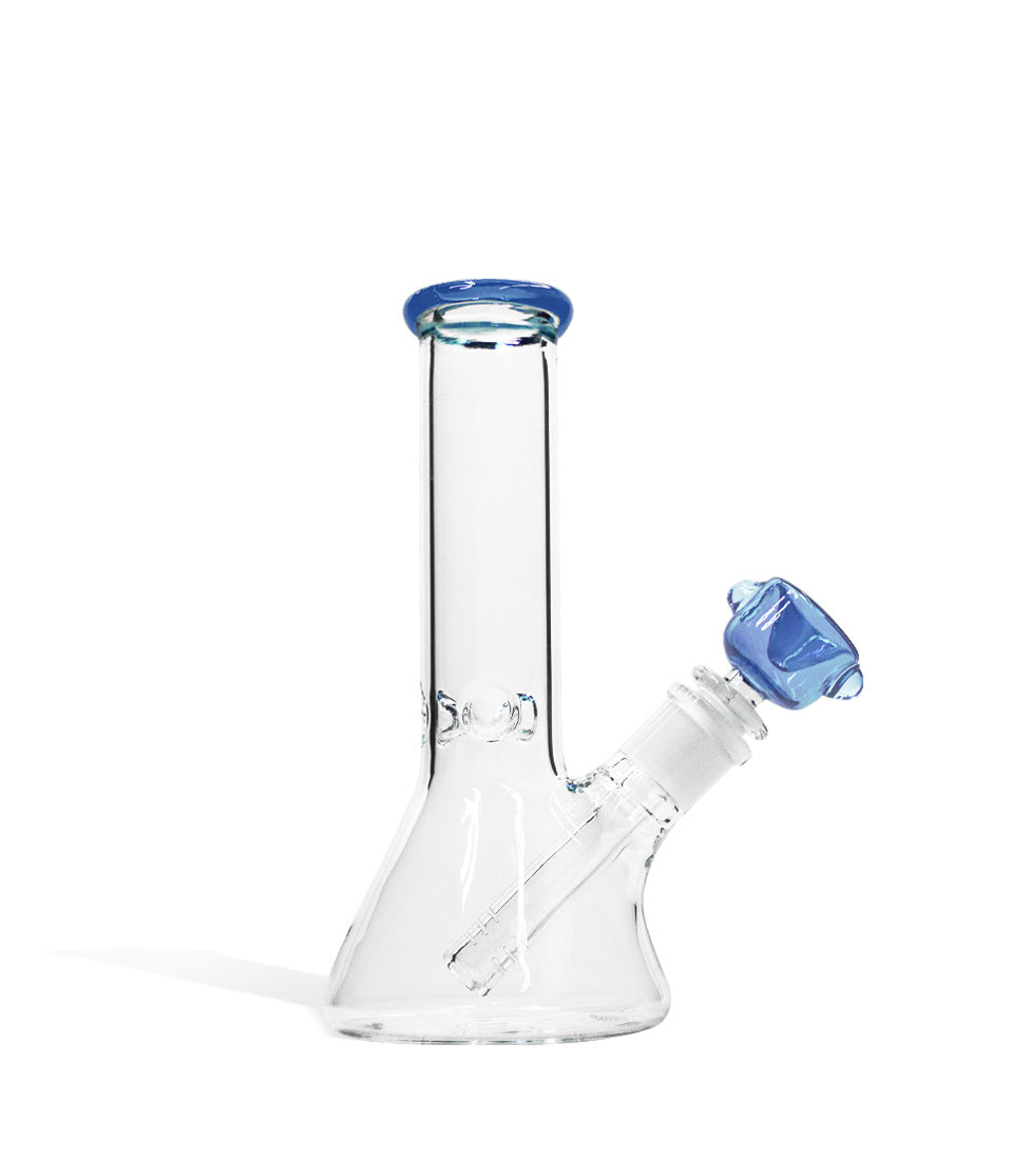 Clear Blue 8 inch Beaker Water Pipe with Ice Pinch and Colored Bowl on white background