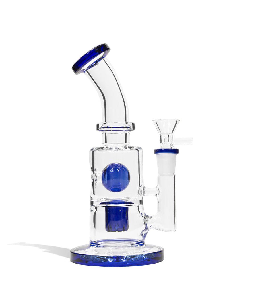 Blue 8 Inch Water Pipe with Matching Mouthpiece, Base, and Percs on white studio background