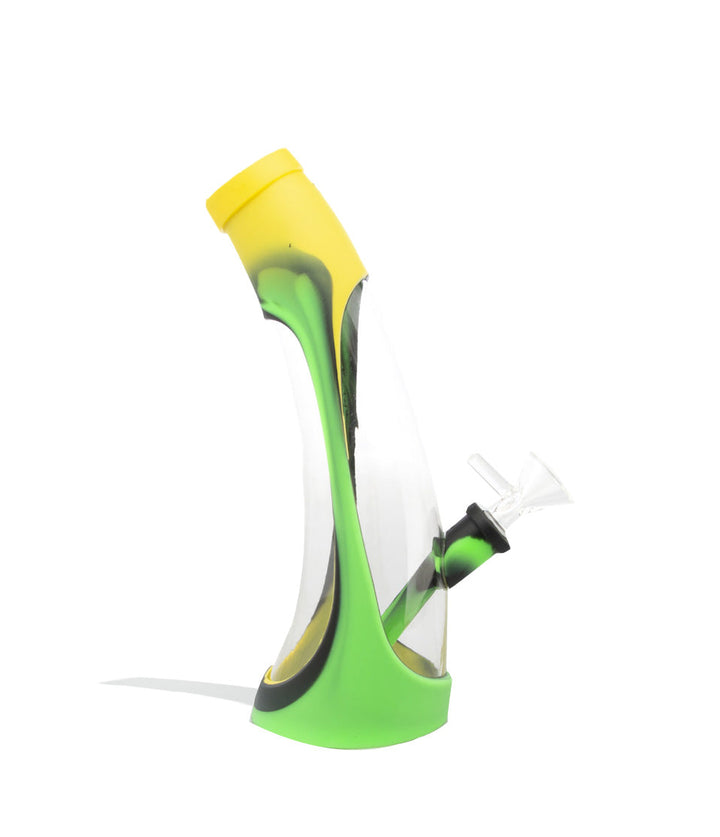 Green/Yellow 9 inch Silicone Water Pipe with Glass Body and Silicone Down Stem on white background