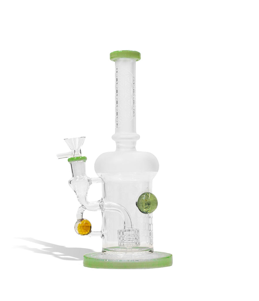 Jade Green 9 inch water pipe with honey comb perc and 14mm funnel bowl on white studio background