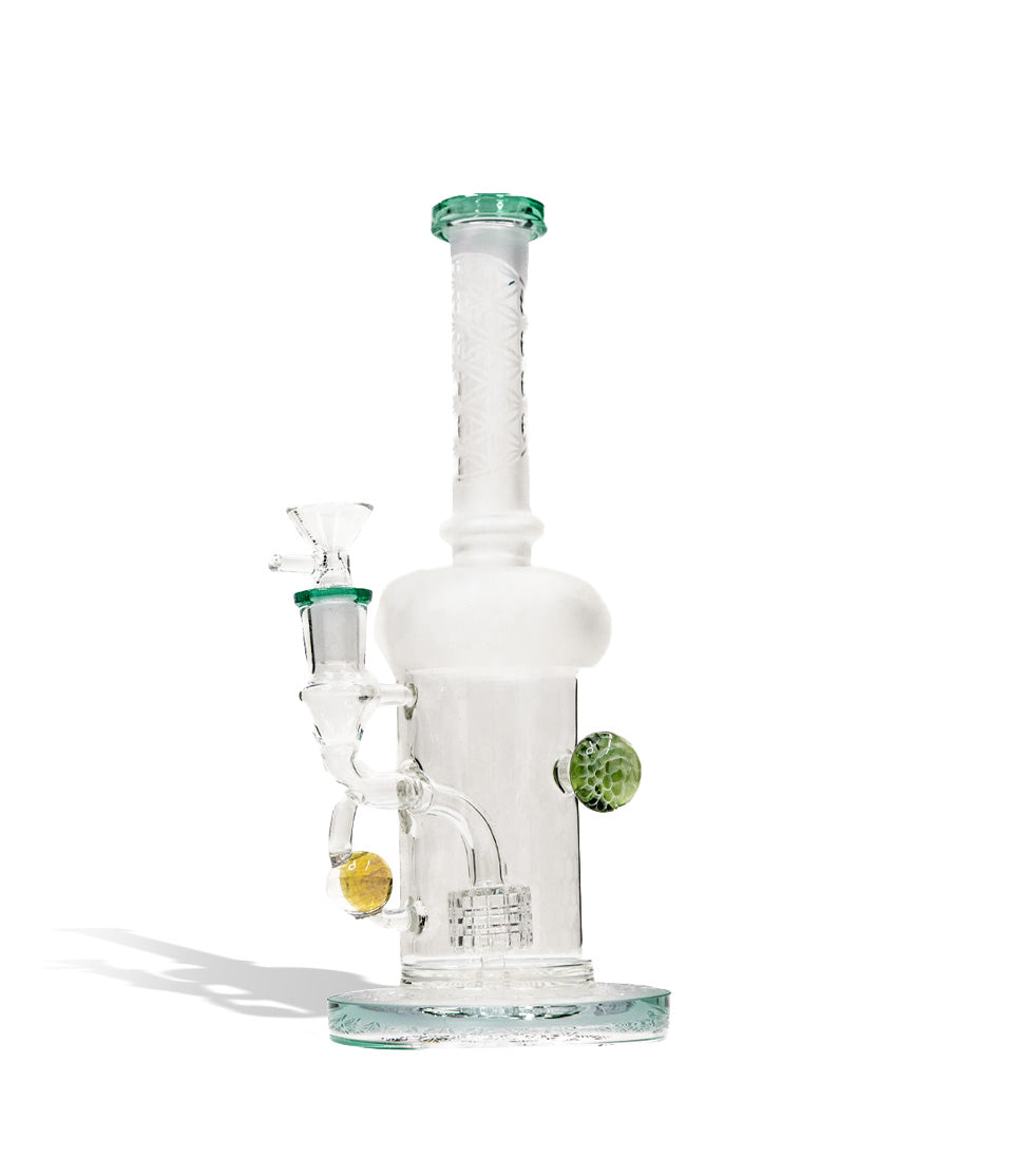 Lake Green 9 inch water pipe with honey comb perc and 14mm funnel bowl on white studio background