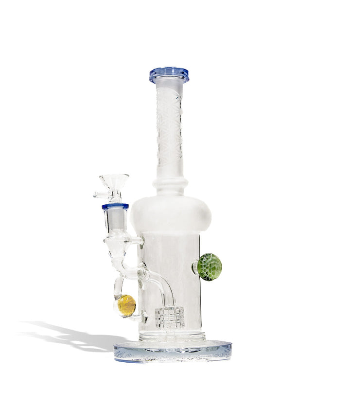 Light Blue 9 inch water pipe with honey comb perc and 14mm funnel bowl on white studio background