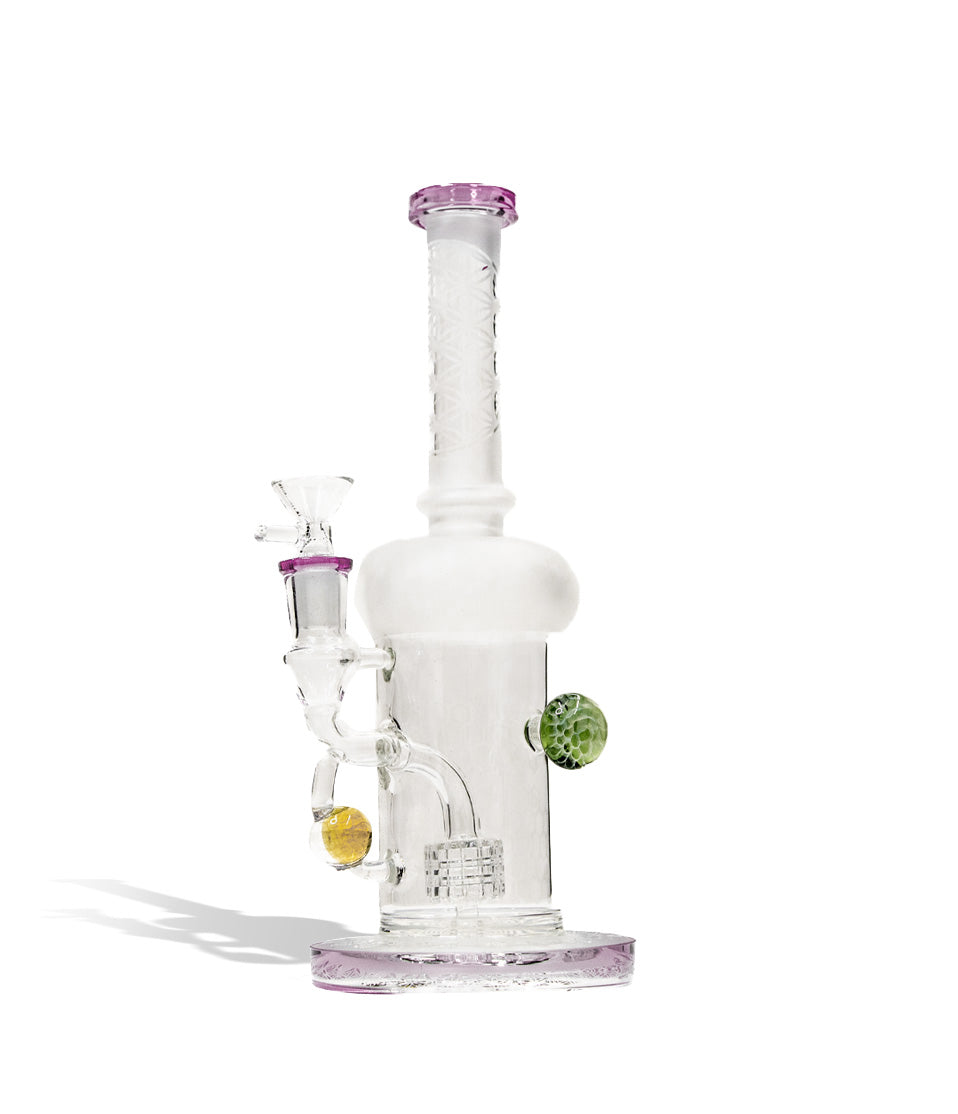 Milky Pink 9 inch water pipe with honey comb perc and 14mm funnel bowl on white studio background