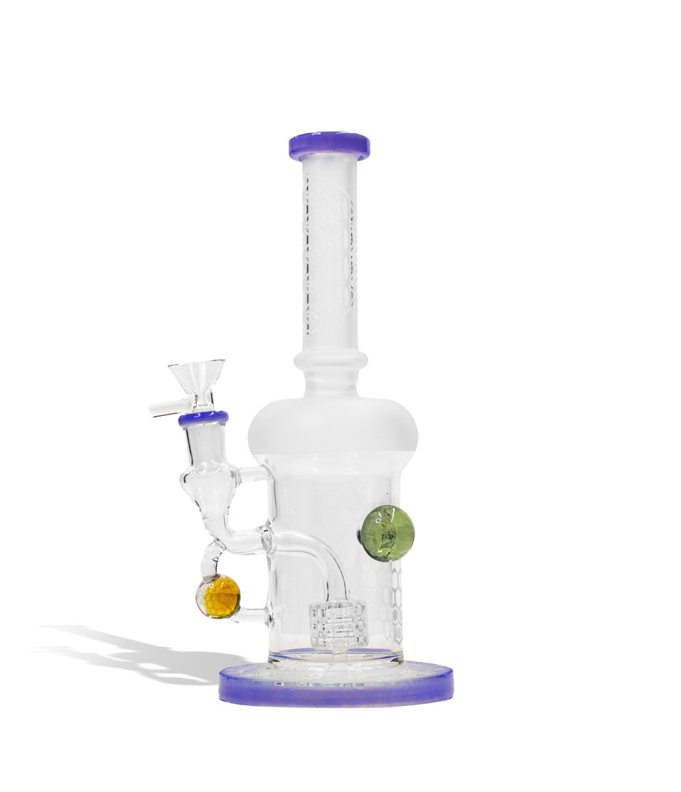 Milk Purple 9 inch water pipe with honey comb perc and 14mm funnel bowl on white studio background