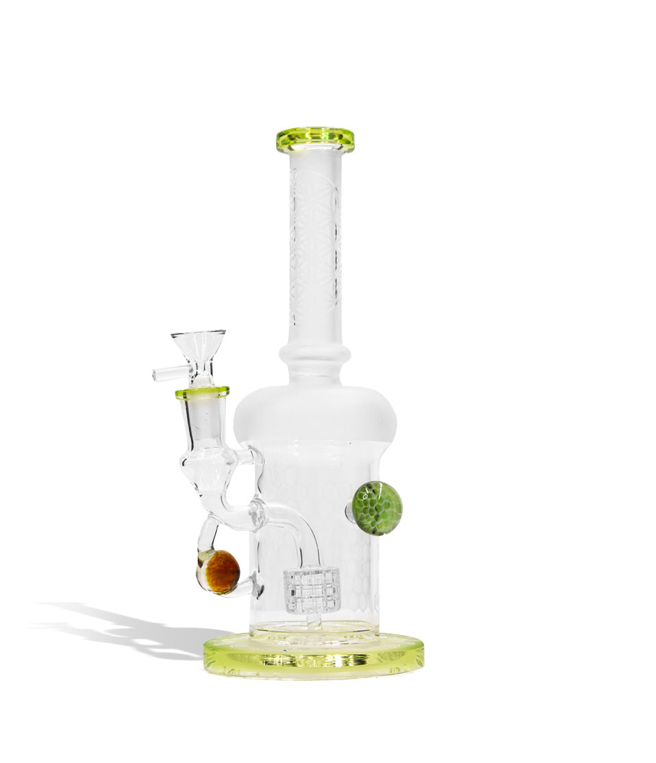 Mint 9 inch water pipe with honey comb perc and 14mm funnel bowl on white studio background