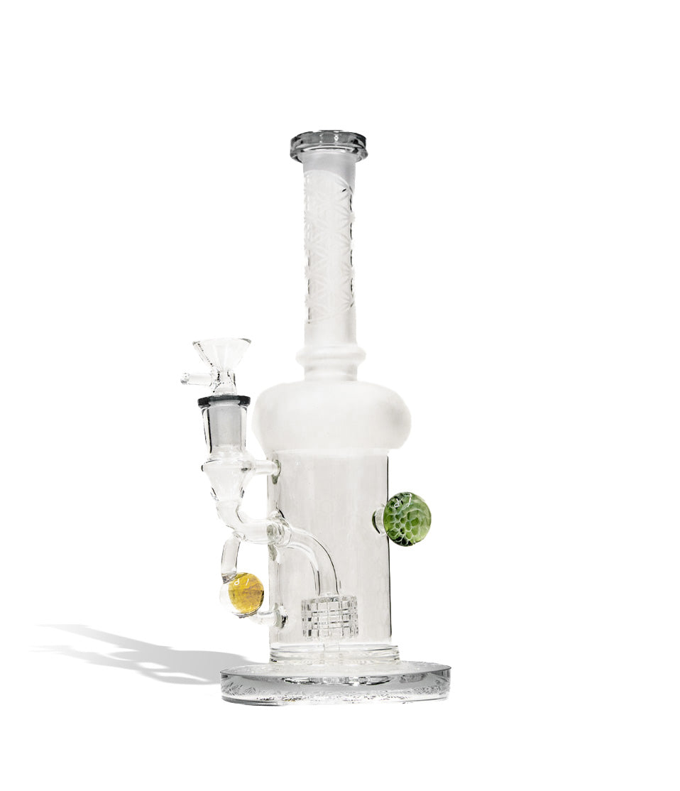 Smokey Grey 9 inch water pipe with honey comb perc and 14mm funnel bowl on white studio background