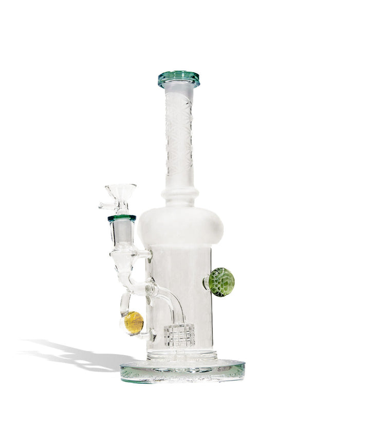 Teal 9 inch water pipe with honey comb perc and 14mm funnel bowl on white studio background