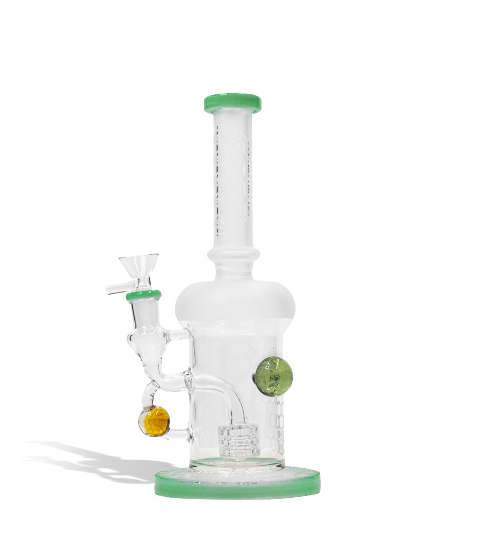 Tide Green 9 inch water pipe with honey comb perc and 14mm funnel bowl on white studio background