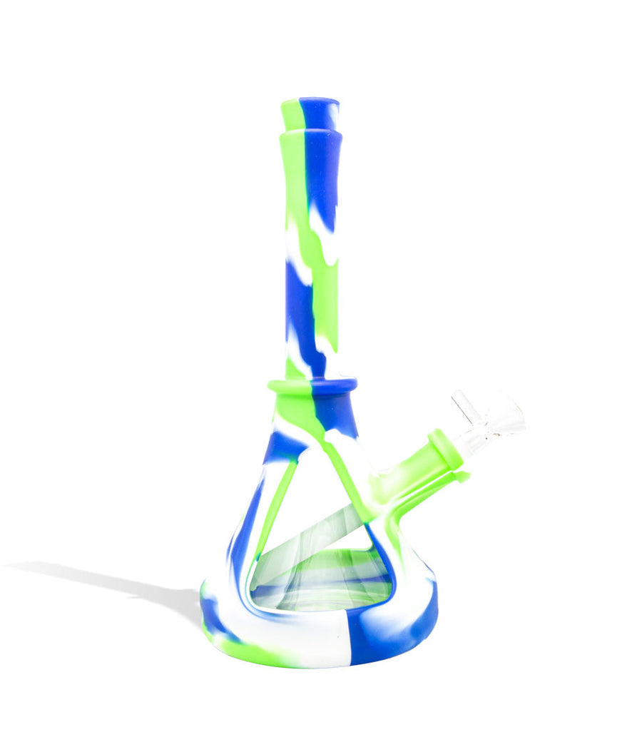 Blue/White/Green 9 inch Silicone Waterpipe with Glass Body on white background